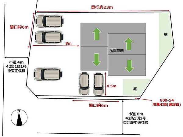 【リフォーム済／区画図】物置小屋を撤去し、普通車3台、コンパクトカー2台駐車可能です。