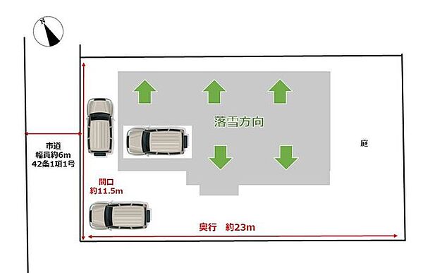 【リフォーム中／区画図】3台以上駐車できるよう整備します。前面道路は市道6ｍと広く通行しやすいです。