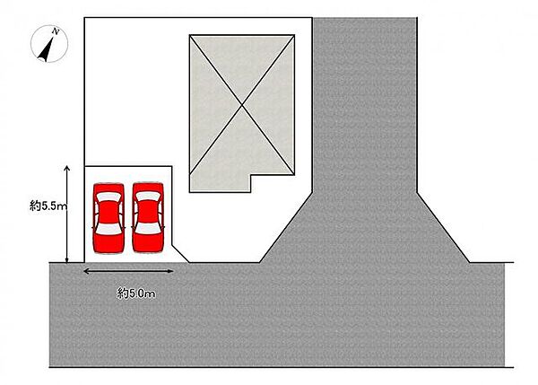 【区画図】お車2台分の駐車場とお庭スペースがございます。角地になっており日当たりも良好です。