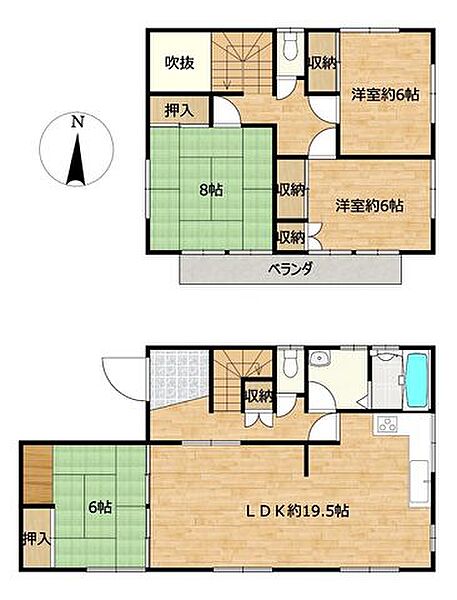【間取図】4LDKの間取りです。LDKはひろびろ約19.5帖です。