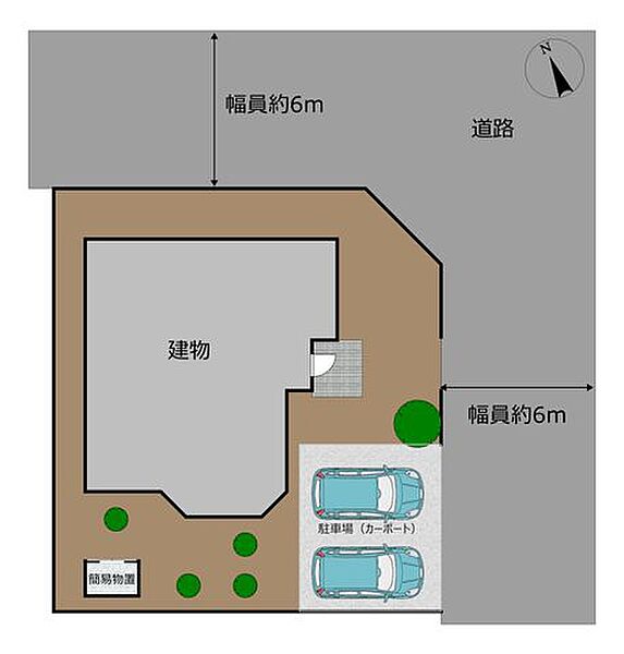 【区画図】角地で2方面道路に面しています。駐車は並列で2台可能です。