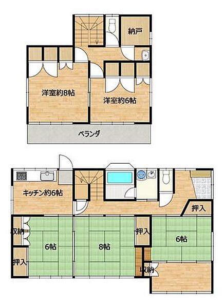 【間取図】リフォーム前の間取図です。5SDKの間取で1階に和室3部屋と2階に洋室2部屋と納戸があるおうちでした。リフォームにより間取変更を行います。