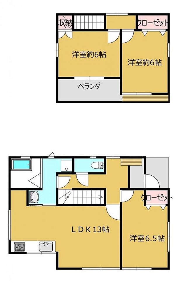 【間取図】リフォーム後の間取図です。3LDKのお家です。2階の2部屋は子供部屋として1階洋室は寝室として使用できます。少人数世帯のご家族様にオススメの住宅です。