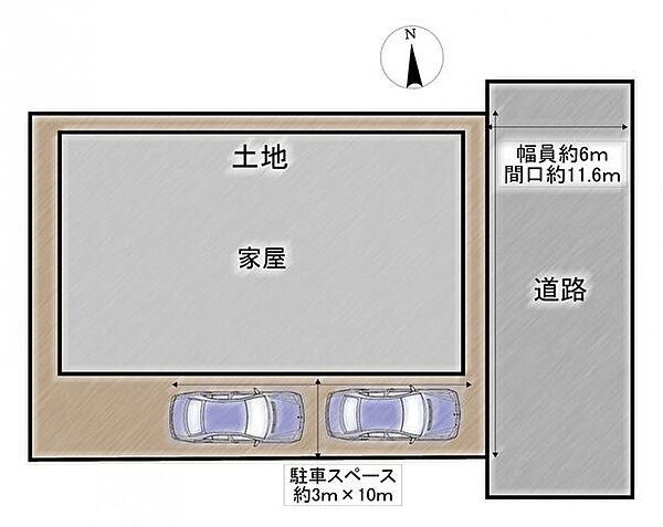 【区画図】幅員約6ｍの道路に接道しています。公道になります。