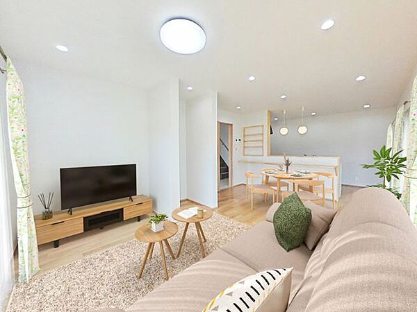【リフォーム済】CG合成で家具を配置したイメージです。LDKの別角度からの写真です。キッチンの横にも大きな窓があります。