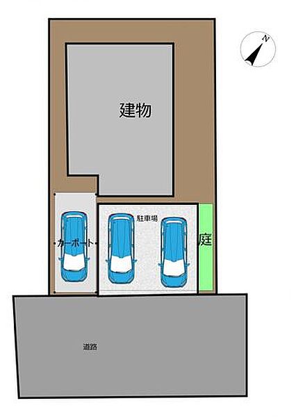 敷地図です。前面のお庭を駐車場へ変更し、並列3台駐車可能となります。