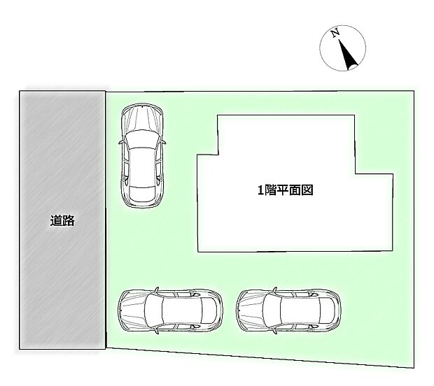 【配置図】南側に駐車スペースがあるので日当たり良好です。縦列2台と横付け1台の計3台駐車可能。