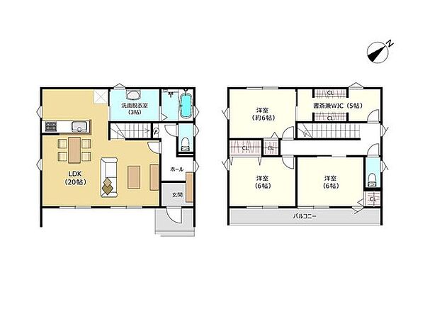 【間取図】建物31.56坪、間取り4LDK。リビング階段と5帖ある書斎兼ウォークスルー収納が特徴のおうちです。ライフスタイルに合わせて住みつなげる設計を目指しました
