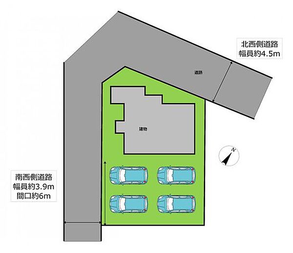 【区画図】北西側、南西側ともに公道に接しています。縦並列で4台駐車可能です。