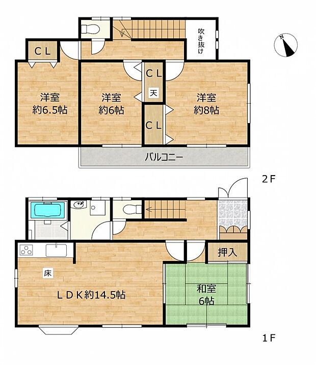 【リフォーム後間取り】1階は約14.5帖のLDK、約6帖の和室、2階は洋室が3部屋にリフォーム予定。