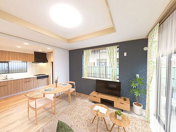 【リフォーム完成】【住宅ローン減税対象】CG合成で家具を配置したイメージです。リビングはフローリング上張り、クロス張替え、照明交換を行います。