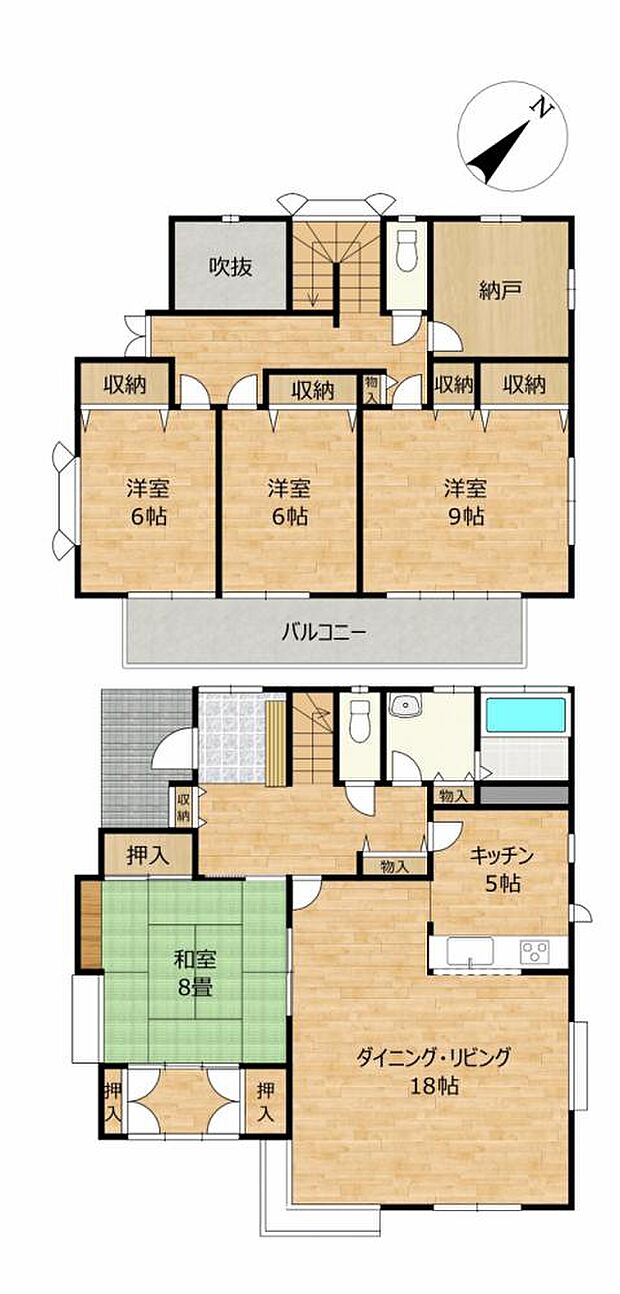【間取図】4LDKの木造2階建てのお家です。各部屋に収納があるので、部屋を広く使える間取りになっています。 