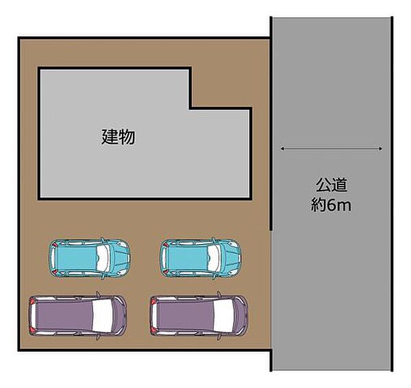 【区画図】車庫解体し整備後は縦並4台可能です。前面道路は約6ｍありますので、駐車やすれ違いがしやすいですね。