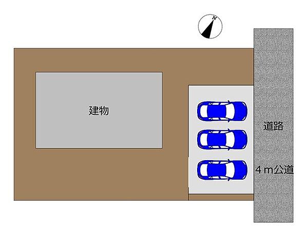 【区画図】北東側4ｍ公道に接する敷地です。駐車3台分可能です。庭付の一戸建て。