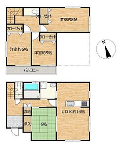 外観:【間取図】4LDKの木造2階建てのお家です。各部屋に収納があるので、部屋を広く使える間取りになっています。 外観:【間取図】4LDKの木造2階建てのお家です。各部屋に収納があるので、部屋を広く使える間取りになっています。