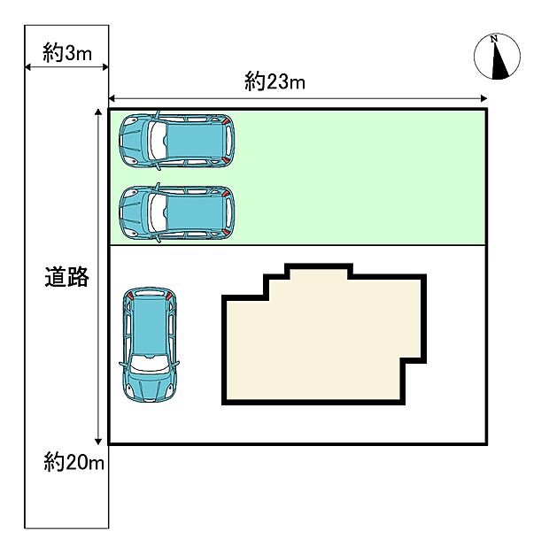 【区画図】土地150坪、駐車場4台以上駐車可能（車種による）。お庭と駐車スペースを分けて利用できます。ガレージを作るなどの趣味なども捗りますね。
