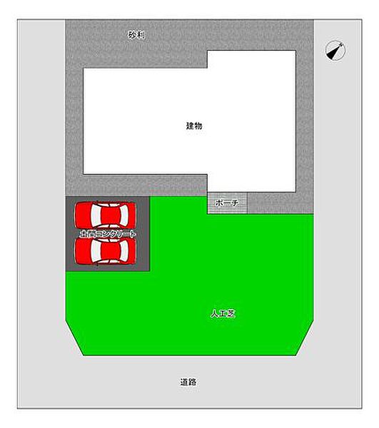 【区画図】駐車場縦並列2台に造作予定。駐車場の裏にはお庭もございますので、家庭菜園やドッグランなどにもよさそうですね。使用用途によっては土の入れ替えが必要な場合がございます。