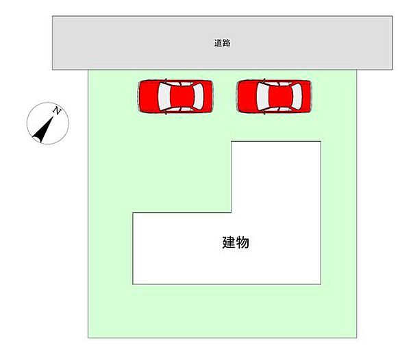 【区画図】土地60坪。駐車場スペースは2台です。前面道路が約4ｍ、車通りも少ないので安心です。