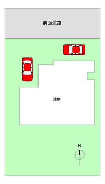 【区画図】駐車場スペースは2台です。前面道路が約6ｍと広く、車通りも少ないので安心です。南側がお庭なので陽当たりも良好、かつ通行人からの視線も気になりません。