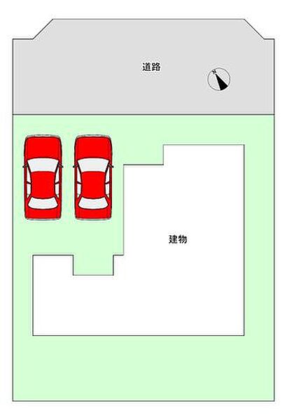【区画図】敷地は54坪で駐車は並列2台可能です。南西側にはお庭があります。