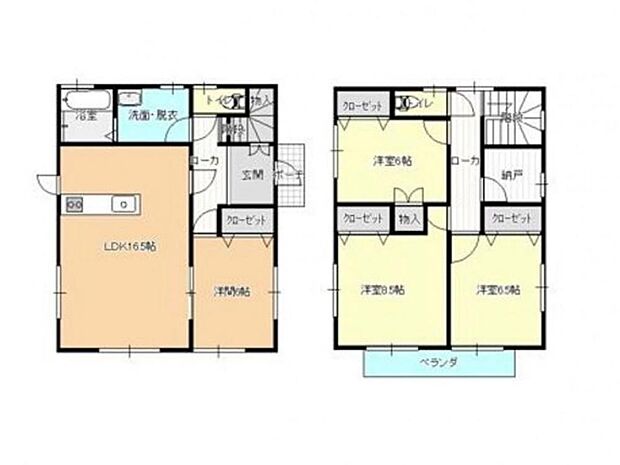 【間取図】2階建ての住宅です。全部屋洋室へ間取り変更を行いました。LDKは広々16.5帖の南向きです。