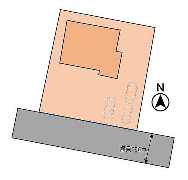 【敷地図】南西側幅員約6ｍの道路に接しているお家です。お車は3台駐車可能。前面道路が広いので、お車の運転が苦手な方でも安心です。