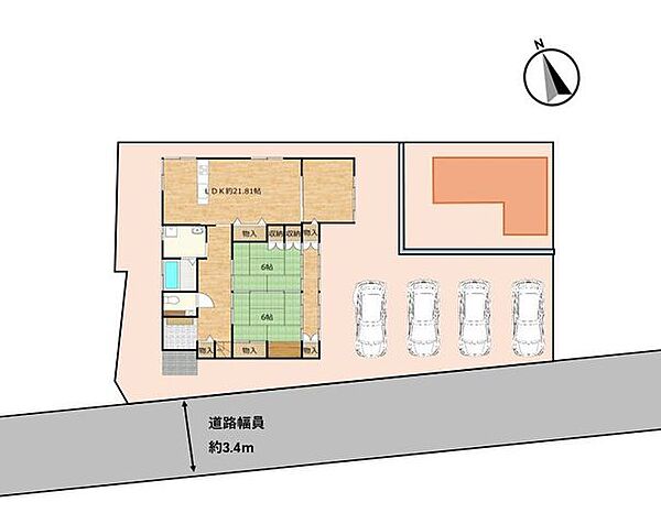 【区画図】敷地内は4台駐車可能となる予定。前面道路幅員は約3.4mですが、敷地内にゆとりがあり、来客時や複数台所有のご家庭にも便利。物置は、アウトドア用品や季節物の収納スペースとしても活用できます。