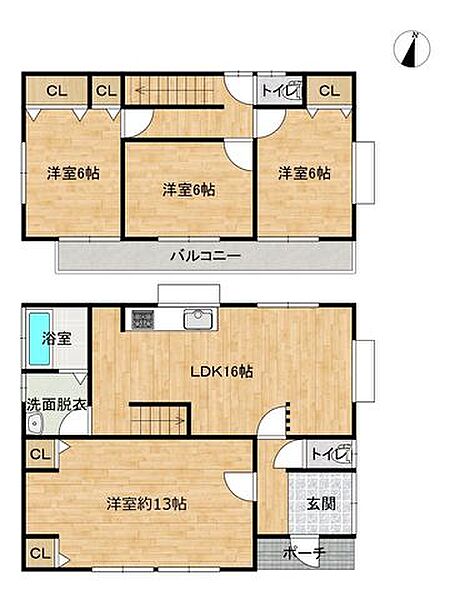 【間取図】16帖のLDKを中心とした4LDK住宅。1階は13帖のゆとりある洋室を配置、主寝室や多目的スペースとして活用可能。2階は6帖の洋室を3部屋備え、ご家族それぞれのプライベート空間を確保できます