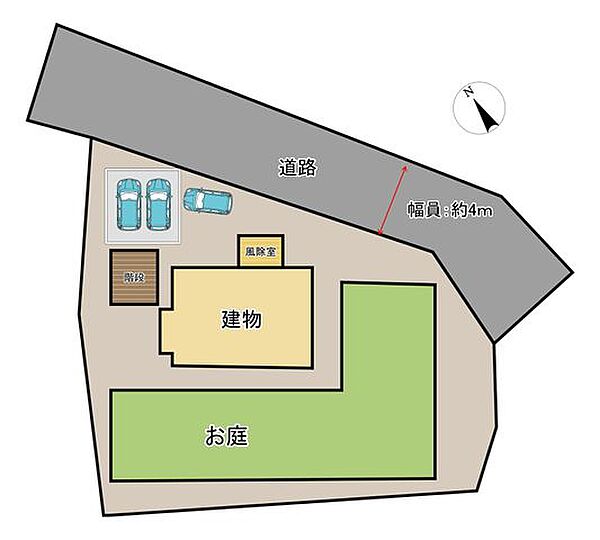 【区画図】玄関が2か所あり、2階の風除室からと階段を下って1階から出入りができます。