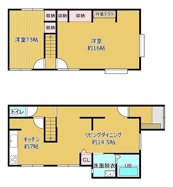 【リフォーム後間取り案】間取りは2LDKへ変更予定です。LDKスペースは約21帖で広々とした空間になります。2階は約16帖の洋室に収納スペースにワークスを新設します。