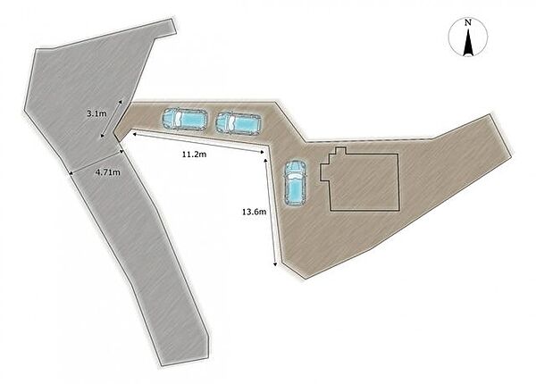 【敷地図】敷地内に普通車3台を縦列駐車可能です。南側には庭もあり、家庭菜園や物置スペースとしてご活用いただけます。