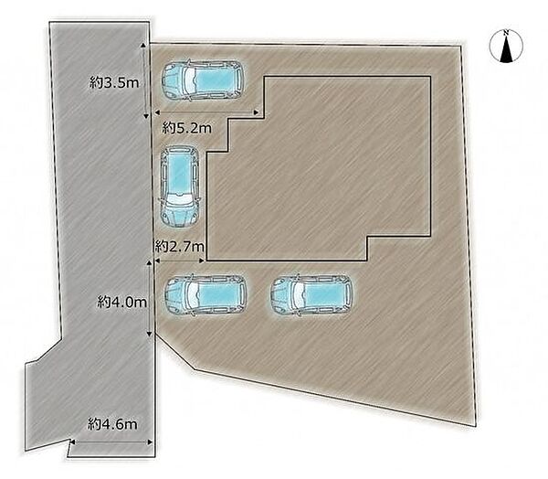【敷地図】駐車場は縦列・横付にて普通車3台・軽自動車1台が駐車可能な配置です。南側にお庭スペースもあり、家庭菜園や趣味を楽しむことができますよ！