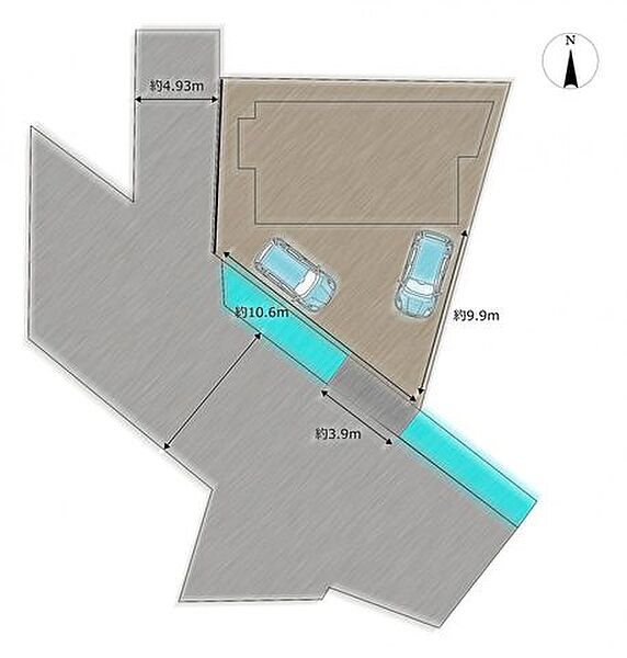 【区画図】南西二面接道の敷地です！南側の橋桁からお車の出入が可能で、敷地内に普通車2台を駐車することができます。