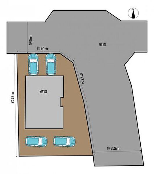 【区画図】駐車は南側と北側合わせて4台可能です。車がお好きな方や、来客が多い方には嬉しいですね。