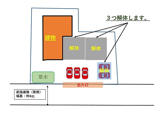 【区画図】建物を3つ解体します。駐車は普通車5台可能。