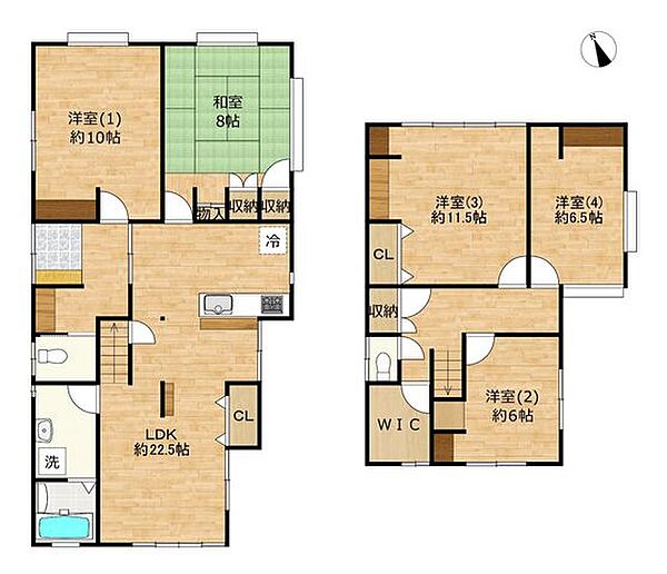 【間取り図】建物面積46.4坪の広々としたお家です。5SLDKと部屋数と収納が充実しています。1.2階にトイレがあるのも嬉しいポイントです。