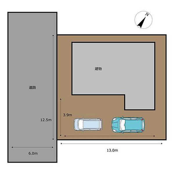 【区画図】現状の駐車スペースは拡張工事を行い、縦列駐車2台に変更予定です。