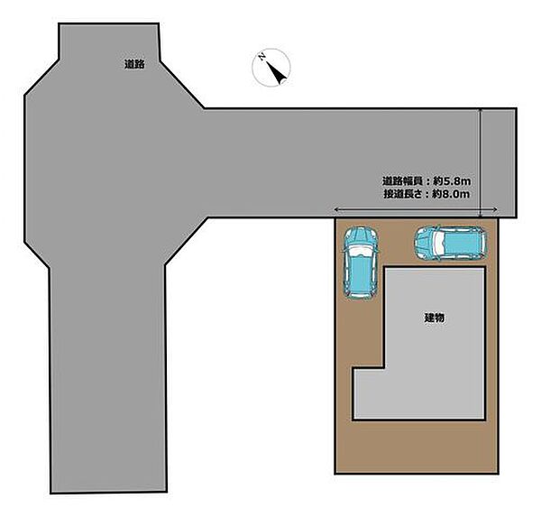 【区画図】前面道路の幅員は約5.8ｍ、交通量も多くないので落ち着いて駐車いただけます。