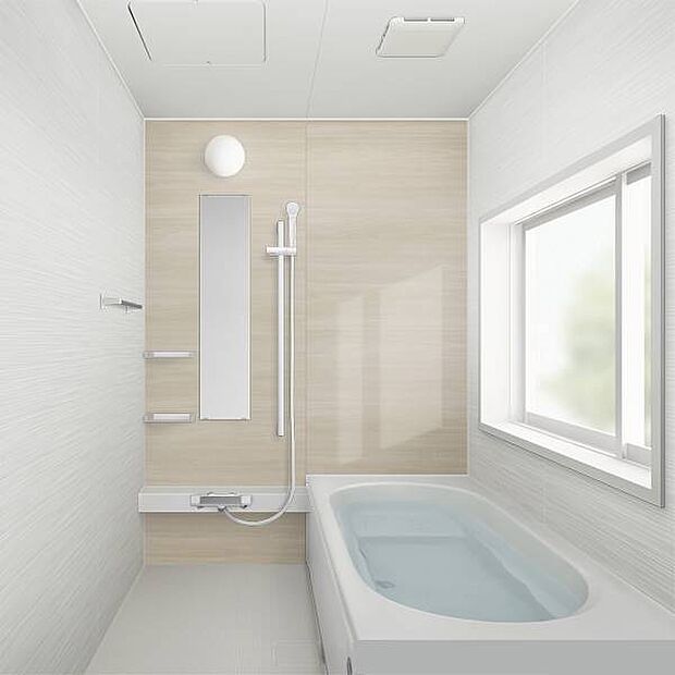 【同仕様写真／ユニットバス】浴室はハウステック製の新品のユニットバスに交換します。浴槽には滑り止めの凹凸があり、床は濡れた状態でも滑りにくい加工がされている安心設計です。足を伸ばせる1坪サイズの広々と