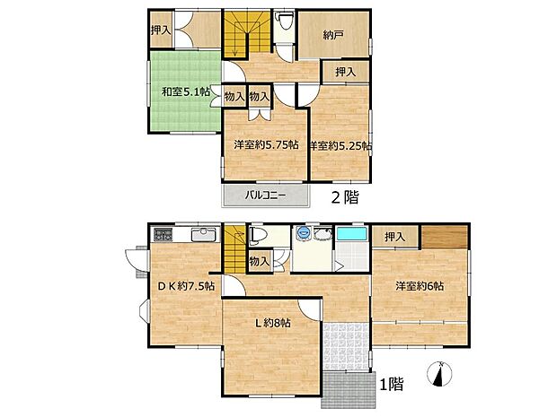 【間取図】洋室3部屋、和室1部屋、納戸付きの4SLDKの間取りです。各部屋収納が有るのは嬉しいポイント。