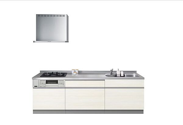 【同仕様写真】キッチンはハウステック製の新品に交換します。引き戸が4つの嬉しい多収納タイプ。天板は熱や傷にも強い人工大理石仕様なので、毎日のお手入れが簡単です。