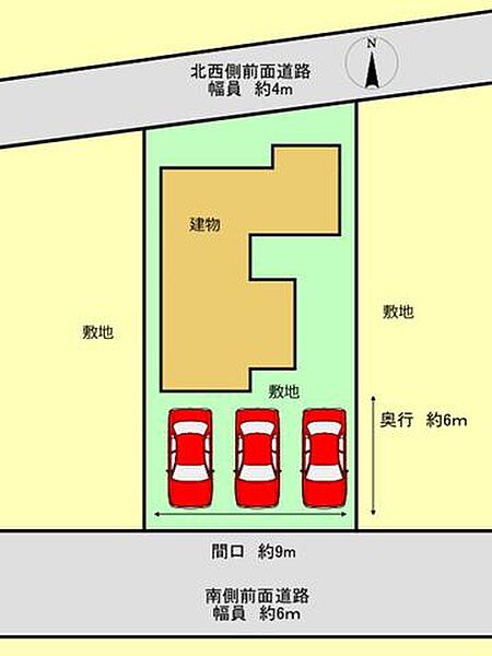 【リフォーム済】区画図です。普通車3台の駐車が可能です。