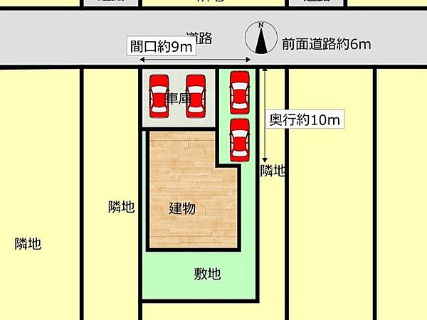 区画図です。前面道路6mで駐車がしやすいですね。