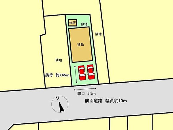 区画図です。カーポート1台分含め、合計並列2台駐車可能です。