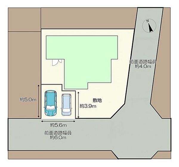 【区画図】車種によりますが、並列で2台駐車可能です。南東角地に位置し、前面道路幅員は約6mとゆとりがあり、車の出し入れもスムーズです。日当たり、開放感ともに良好な、魅力ある立地です。