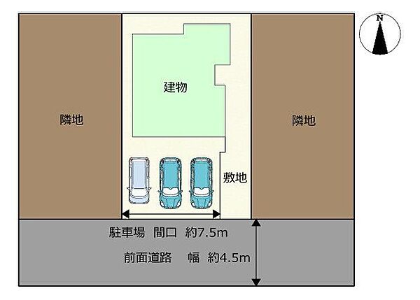 【区画図】駐車場を拡張し、お車計3台停めることが可能です。軽自動車1台と普通車2台駐車可能です。