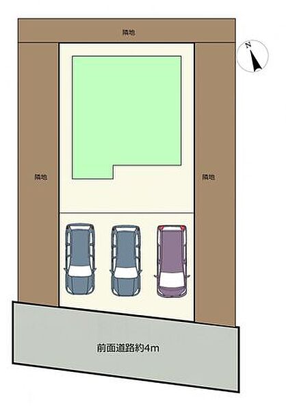 【区画図】南接道の住宅。駐車場には並列で3台駐車可能です。建物から南の敷地が広いので日当たり良好です。