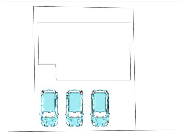 配置図　普通車1台と軽自動車2台、もしくは普通車2台駐車可能になる予定です。