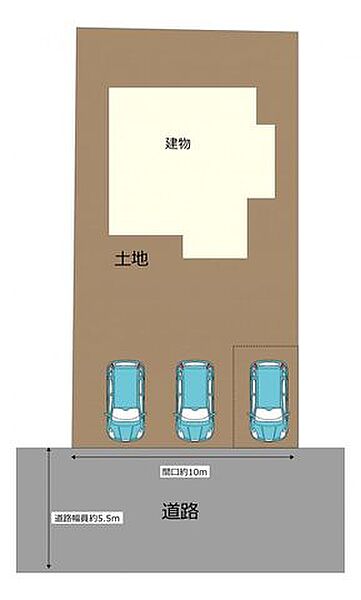 【区画図】駐車場は3台に拡張いたします。奥行約5.5ｍ、横幅約10ｍです。