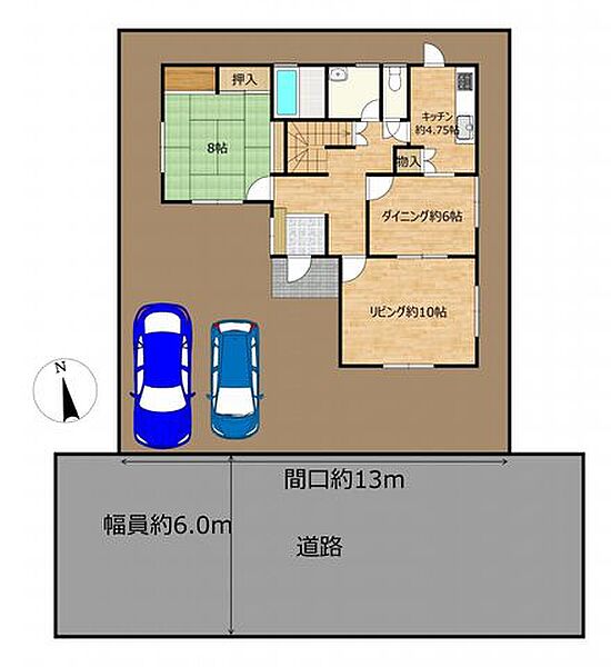【区画図】前面道路の幅員は約6mとゆとりがあり、車のすれ違いや駐車がしやすい環境です。敷地内には普通車が並列で2台駐車でき、日々の車の出入りもスムーズに行えます。
